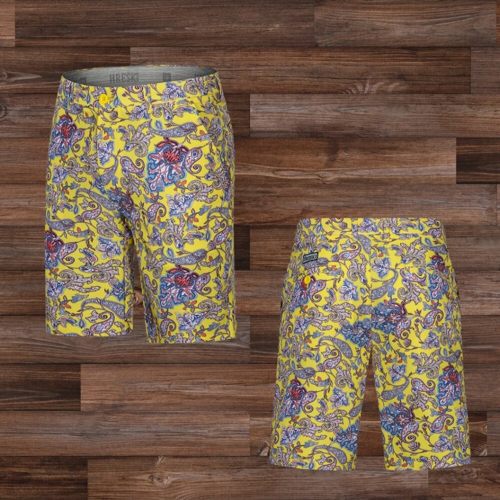 Mens Hreski Yellow Paisley Golf Shorts Size 46